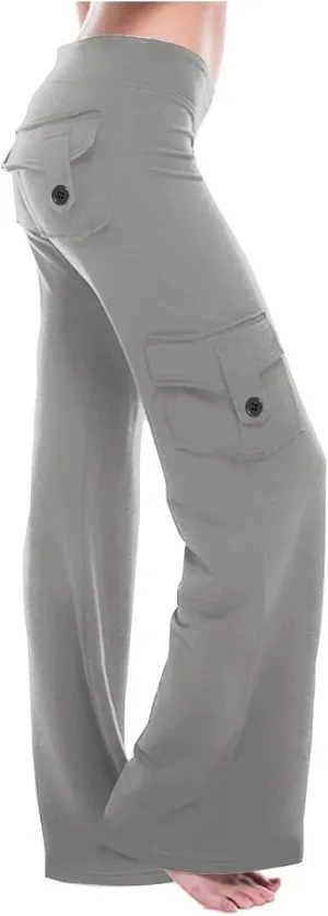 Womens Wide Leg Cargo Pants 2025 Plus Size Stretchy Yoga Leggings Baggy Lounge Pants Flare Sweatpants with Pockets