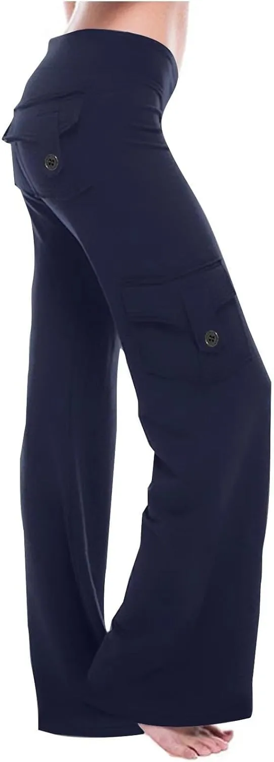 Womens Wide Leg Cargo Pants 2025 Plus Size Stretchy Yoga Leggings Baggy Lounge Pants Flare Sweatpants with Pockets