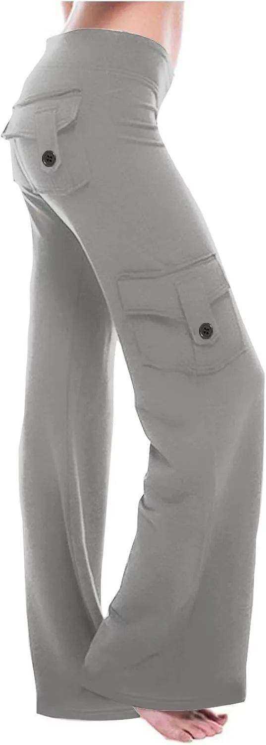 Womens Wide Leg Cargo Pants 2025 Plus Size Stretchy Yoga Leggings Baggy Lounge Pants Flare Sweatpants with Pockets