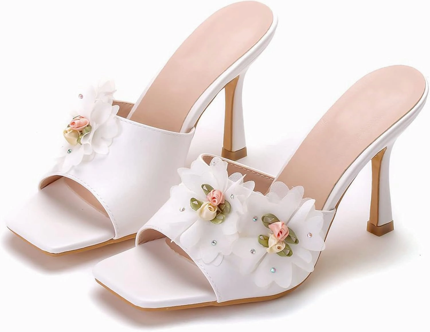 Womens Crystal Pearl Sandals 9cm Stiletto Wedding Shoes Lace Flower Ivory Bridal Shoes Square Toe High Heels Slip On Bridesmaid Court Pumps Shoes Prom Evening Party