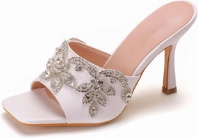 Womens Crystal Pearl Sandals 9cm Stiletto Wedding Shoes Lace Flower Ivory Bridal Shoes Square Toe High Heels Slip On Bridesmaid Court Pumps Shoes Prom Evening Party