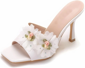 Womens Crystal Pearl Sandals 9cm Stiletto Wedding Shoes Lace Flower Ivory Bridal Shoes Square Toe High Heels Slip On Bridesmaid Court Pumps Shoes Prom Evening Party
