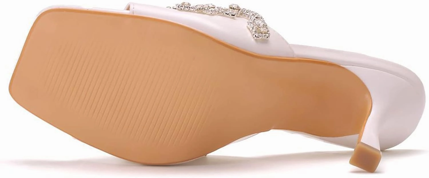 Womens Crystal Pearl Sandals 9cm Stiletto Wedding Shoes Lace Flower Ivory Bridal Shoes Square Toe High Heels Slip On Bridesmaid Court Pumps Shoes Prom Evening Party
