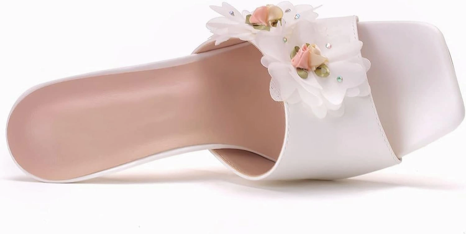 Womens Crystal Pearl Sandals 9cm Stiletto Wedding Shoes Lace Flower Ivory Bridal Shoes Square Toe High Heels Slip On Bridesmaid Court Pumps Shoes Prom Evening Party