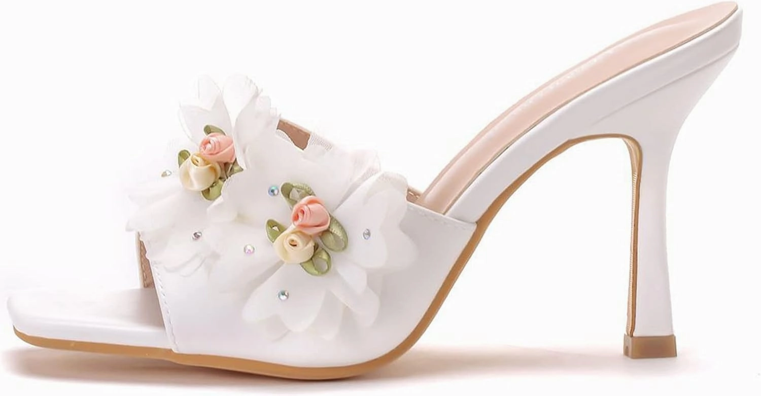 Womens Crystal Pearl Sandals 9cm Stiletto Wedding Shoes Lace Flower Ivory Bridal Shoes Square Toe High Heels Slip On Bridesmaid Court Pumps Shoes Prom Evening Party