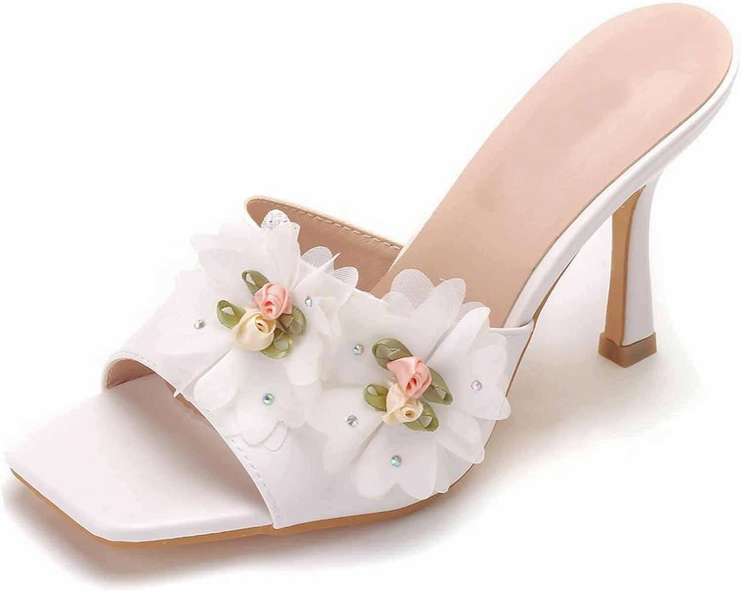 Womens Crystal Pearl Sandals 9cm Stiletto Wedding Shoes Lace Flower Ivory Bridal Shoes Square Toe High Heels Slip On Bridesmaid Court Pumps Shoes Prom Evening Party