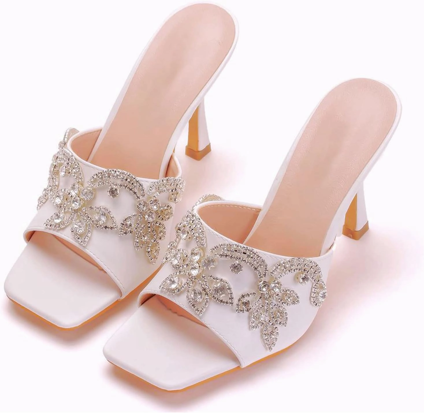 Womens Crystal Pearl Sandals 9cm Stiletto Wedding Shoes Lace Flower Ivory Bridal Shoes Square Toe High Heels Slip On Bridesmaid Court Pumps Shoes Prom Evening Party