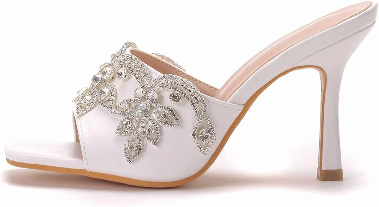 Womens Crystal Pearl Sandals 9cm Stiletto Wedding Shoes Lace Flower Ivory Bridal Shoes Square Toe High Heels Slip On Bridesmaid Court Pumps Shoes Prom Evening Party