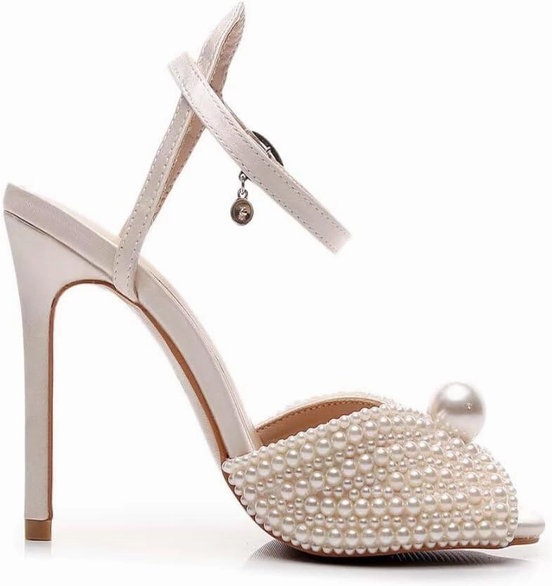 Womens Pearls Wedding Sandals Open Toe Stiletto 4" Heeled Sandals Bridal Pearl High Heels for Evening Party