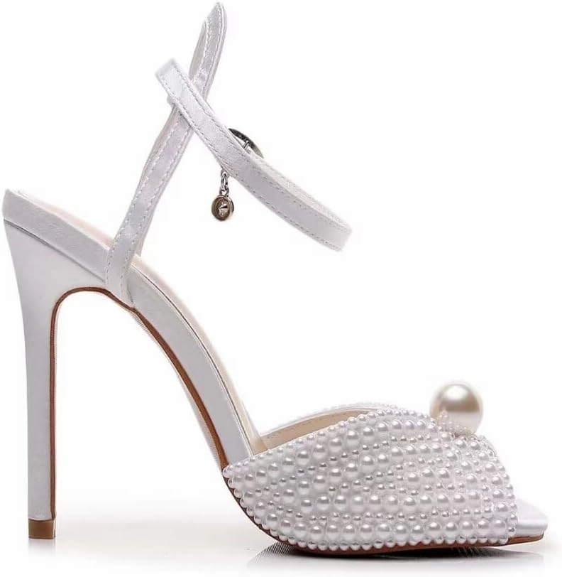 Womens Pearls Wedding Sandals Open Toe Stiletto 4" Heeled Sandals Bridal Pearl High Heels for Evening Party