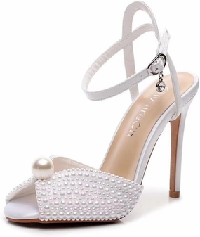 Womens Pearls Wedding Sandals Open Toe Stiletto 4" Heeled Sandals Bridal Pearl High Heels for Evening Party