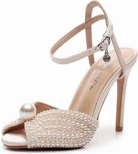 Womens Pearls Wedding Sandals Open Toe Stiletto 4" Heeled Sandals Bridal Pearl High Heels for Evening Party