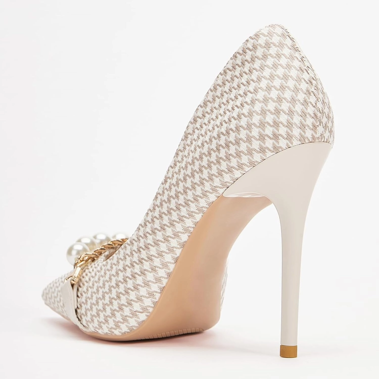 Womens Pumps Shoes High Heels Stiletto Pointed Closed Toe D'Orsay Elegant Houndstooth Pattern Design with Pearls Chain Dress Party Wedding Classic Work Heels for Ladies