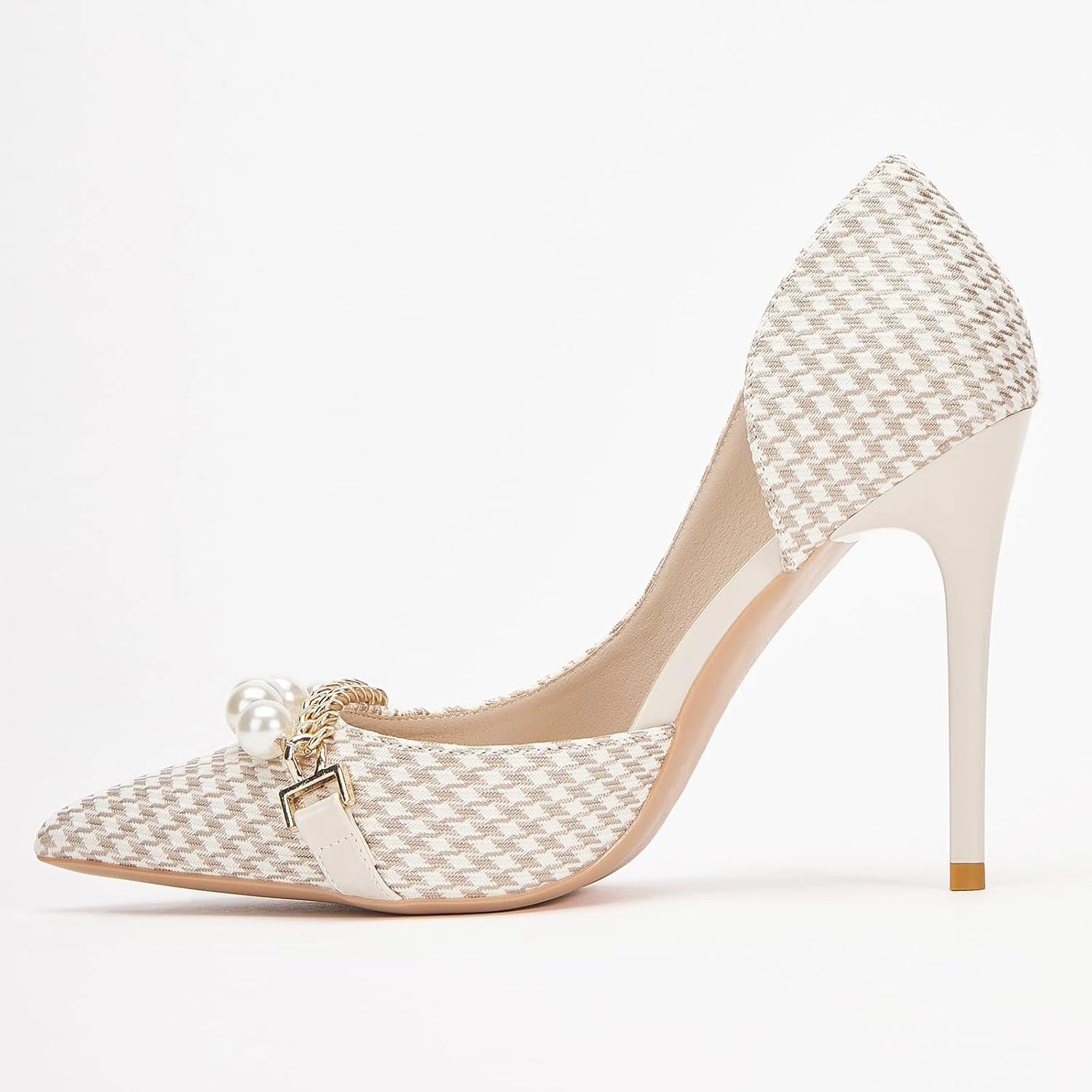 Womens Pumps Shoes High Heels Stiletto Pointed Closed Toe D'Orsay Elegant Houndstooth Pattern Design with Pearls Chain Dress Party Wedding Classic Work Heels for Ladies