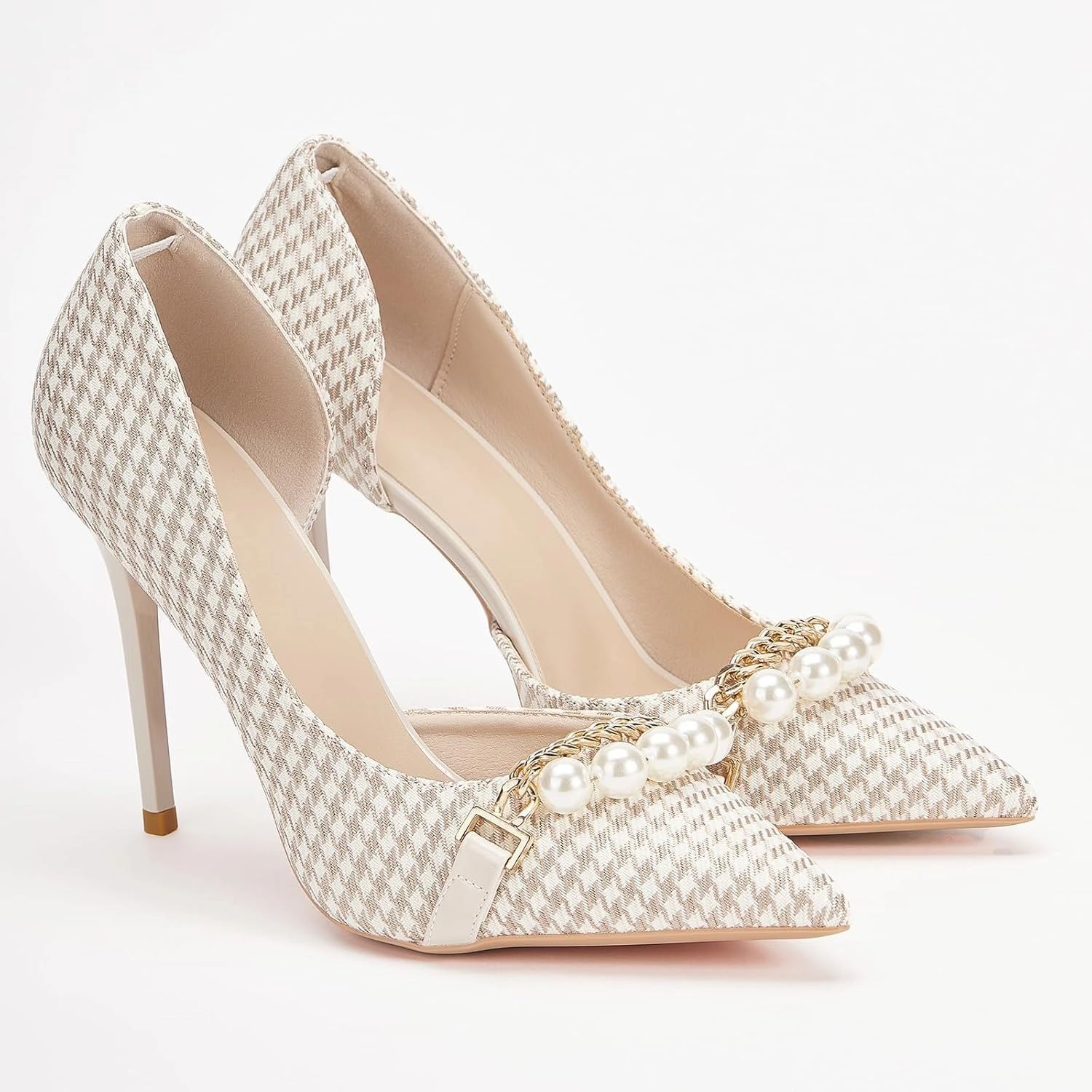 Womens Pumps Shoes High Heels Stiletto Pointed Closed Toe D'Orsay Elegant Houndstooth Pattern Design with Pearls Chain Dress Party Wedding Classic Work Heels for Ladies