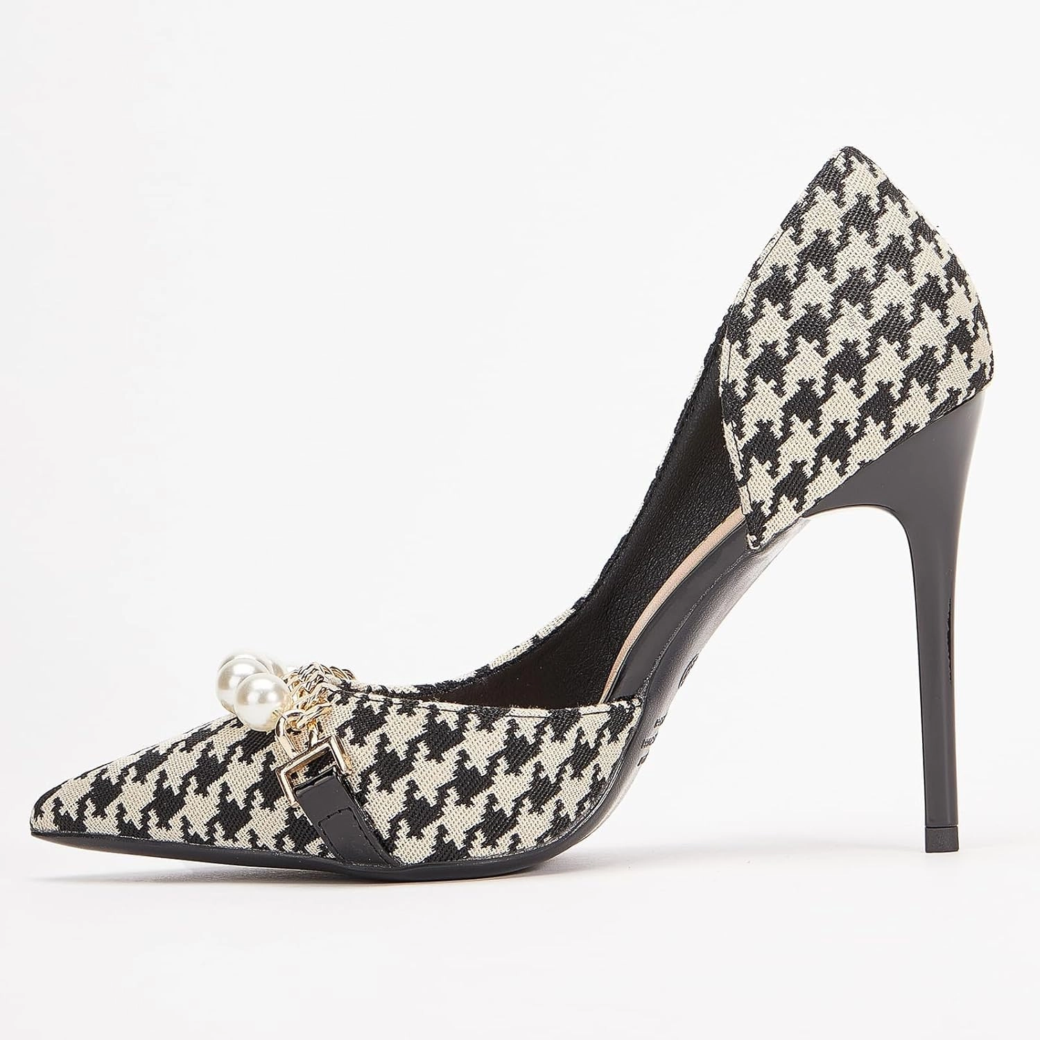 Womens Pumps Shoes High Heels Stiletto Pointed Closed Toe D'Orsay Elegant Houndstooth Pattern Design with Pearls Chain Dress Party Wedding Classic Work Heels for Ladies