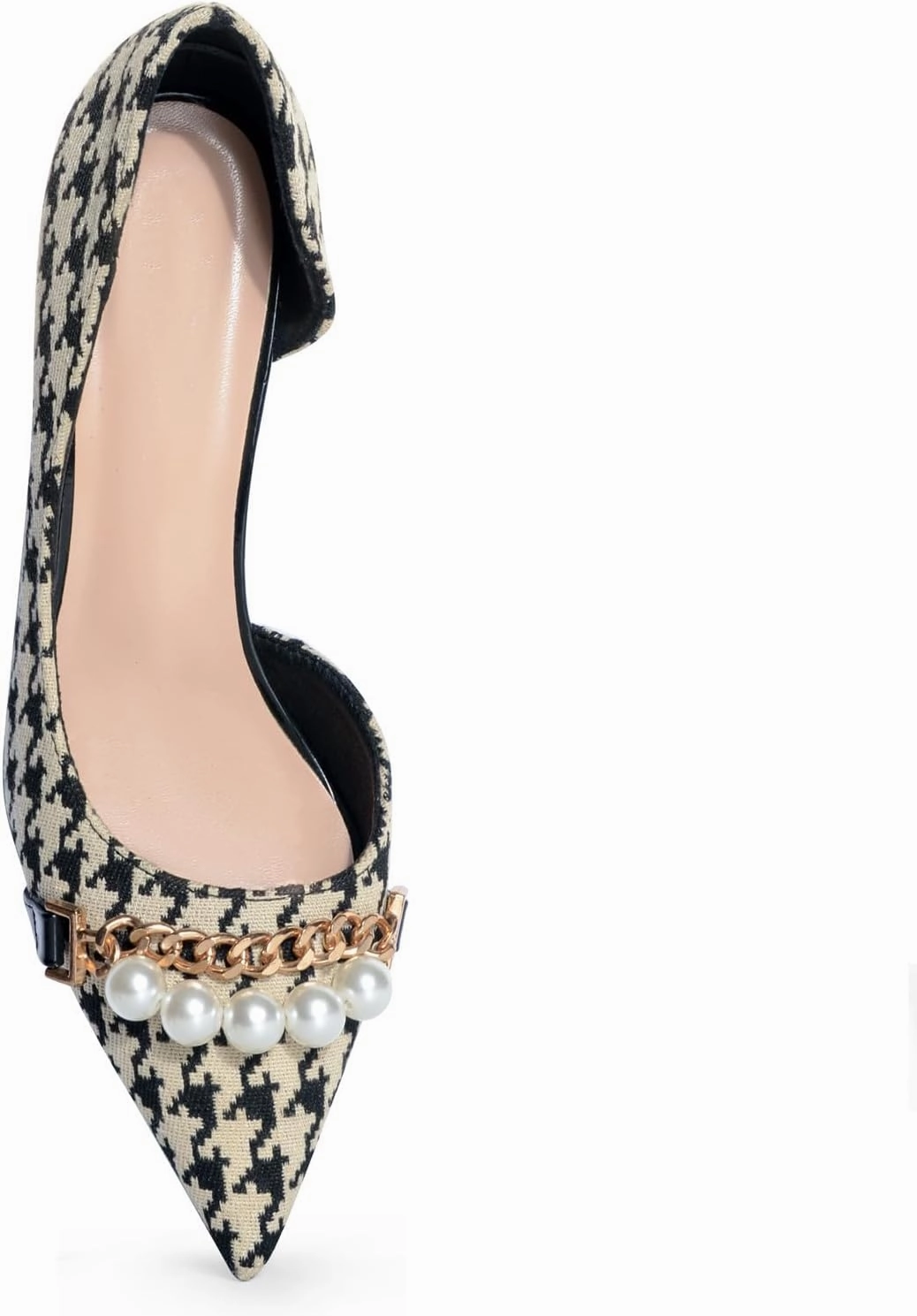Womens Pumps Shoes High Heels Stiletto Pointed Closed Toe D'Orsay Elegant Houndstooth Pattern Design with Pearls Chain Dress Party Wedding Classic Work Heels for Ladies