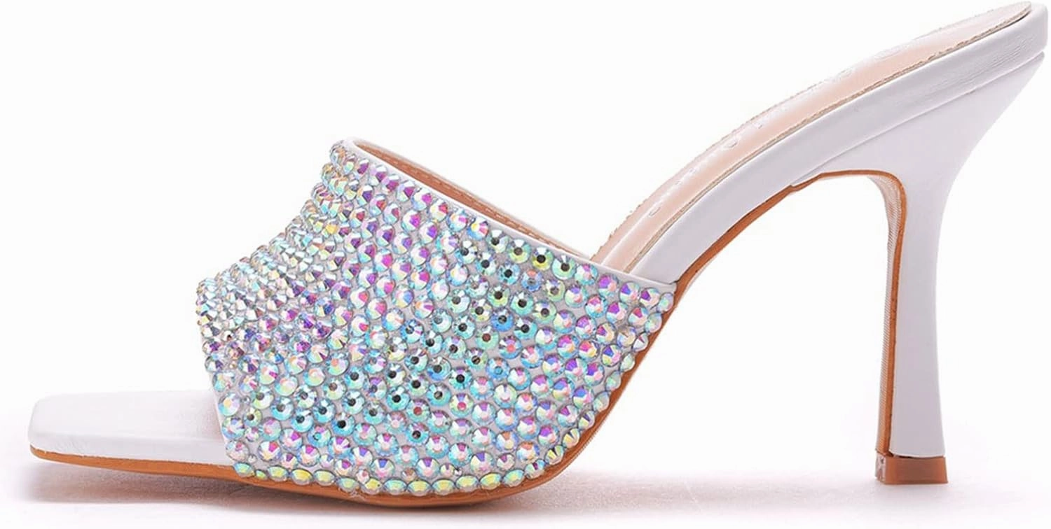 Womens Square Toe Sandals 9cm Stiletto Lace Rhinestones Wedding Shoes Crystal Pearl Bridal Shoes Slip On High Heels Bridesmaid Court Pumps Shoes Prom Evening Party