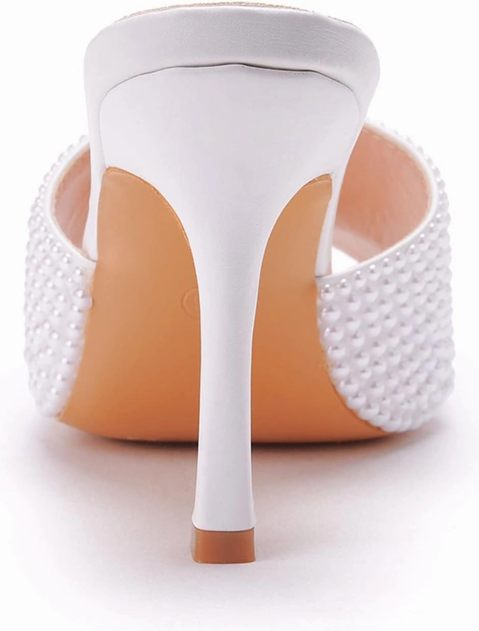 Womens Square Toe Sandals 9cm Stiletto Lace Rhinestones Wedding Shoes Crystal Pearl Bridal Shoes Slip On High Heels Bridesmaid Court Pumps Shoes Prom Evening Party