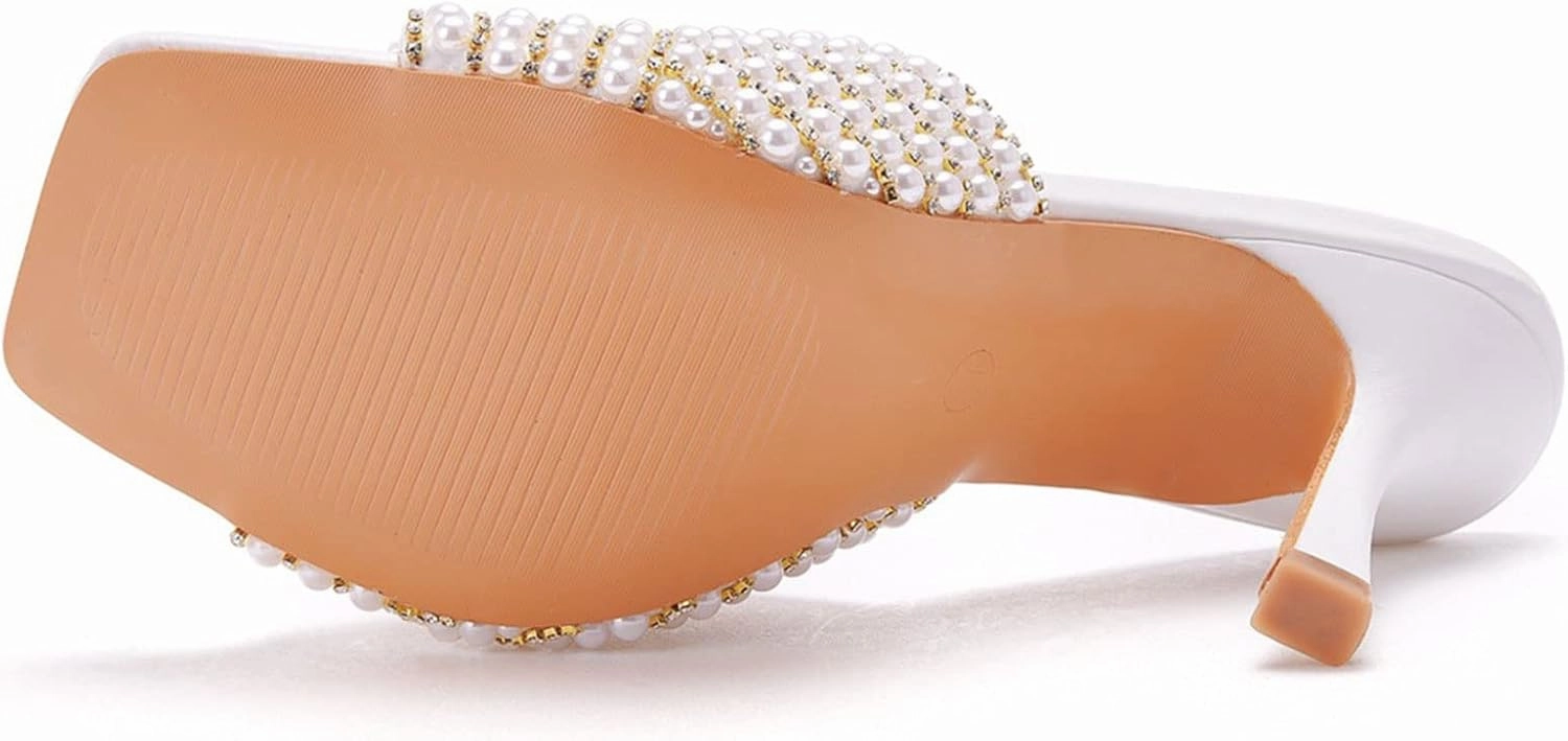 Womens Square Toe Sandals 9cm Stiletto Lace Rhinestones Wedding Shoes Crystal Pearl Bridal Shoes Slip On High Heels Bridesmaid Court Pumps Shoes Prom Evening Party