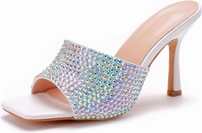 Womens Square Toe Sandals 9cm Stiletto Lace Rhinestones Wedding Shoes Crystal Pearl Bridal Shoes Slip On High Heels Bridesmaid Court Pumps Shoes Prom Evening Party