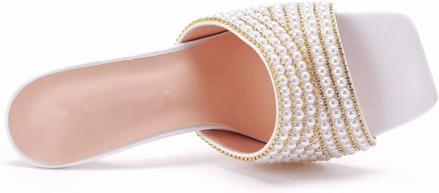 Womens Square Toe Sandals 9cm Stiletto Lace Rhinestones Wedding Shoes Crystal Pearl Bridal Shoes Slip On High Heels Bridesmaid Court Pumps Shoes Prom Evening Party