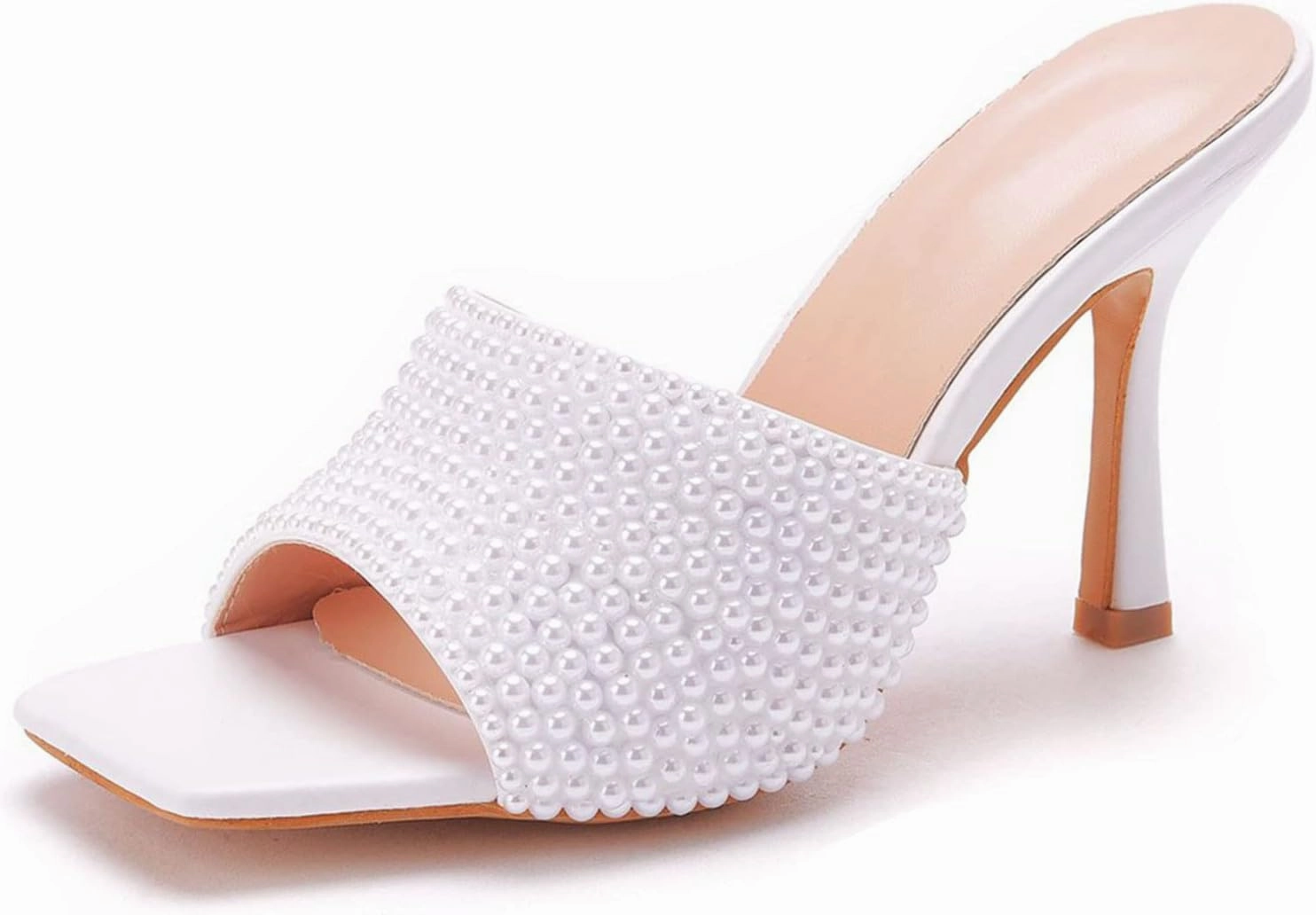 Womens Square Toe Sandals 9cm Stiletto Lace Rhinestones Wedding Shoes Crystal Pearl Bridal Shoes Slip On High Heels Bridesmaid Court Pumps Shoes Prom Evening Party