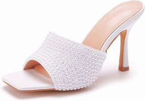 Womens Square Toe Sandals 9cm Stiletto Lace Rhinestones Wedding Shoes Crystal Pearl Bridal Shoes Slip On High Heels Bridesmaid Court Pumps Shoes Prom Evening Party