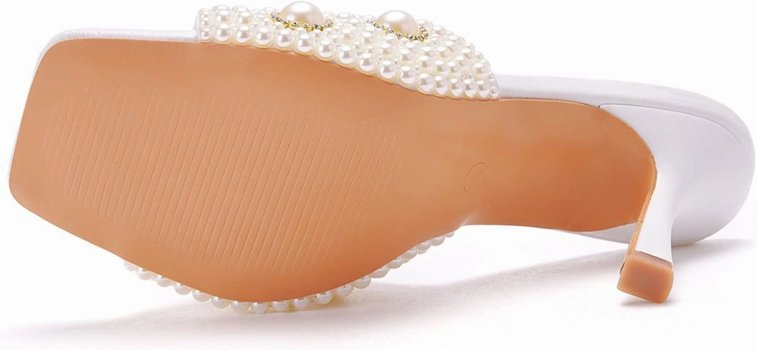 Womens Square Toe Sandals 9cm Stiletto Lace Rhinestones Wedding Shoes Crystal Pearl Bridal Shoes Slip On High Heels Bridesmaid Court Pumps Shoes Prom Evening Party