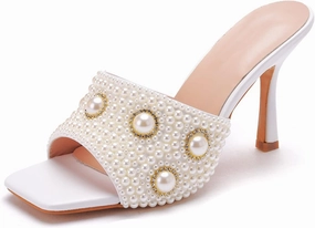 Womens Square Toe Sandals 9cm Stiletto Lace Rhinestones Wedding Shoes Crystal Pearl Bridal Shoes Slip On High Heels Bridesmaid Court Pumps Shoes Prom Evening Party
