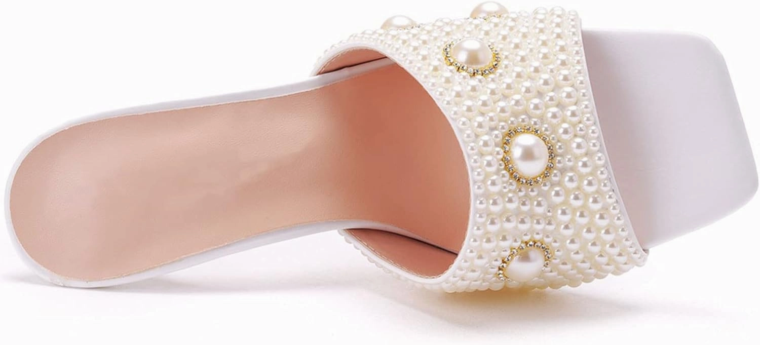 Womens Square Toe Sandals 9cm Stiletto Lace Rhinestones Wedding Shoes Crystal Pearl Bridal Shoes Slip On High Heels Bridesmaid Court Pumps Shoes Prom Evening Party
