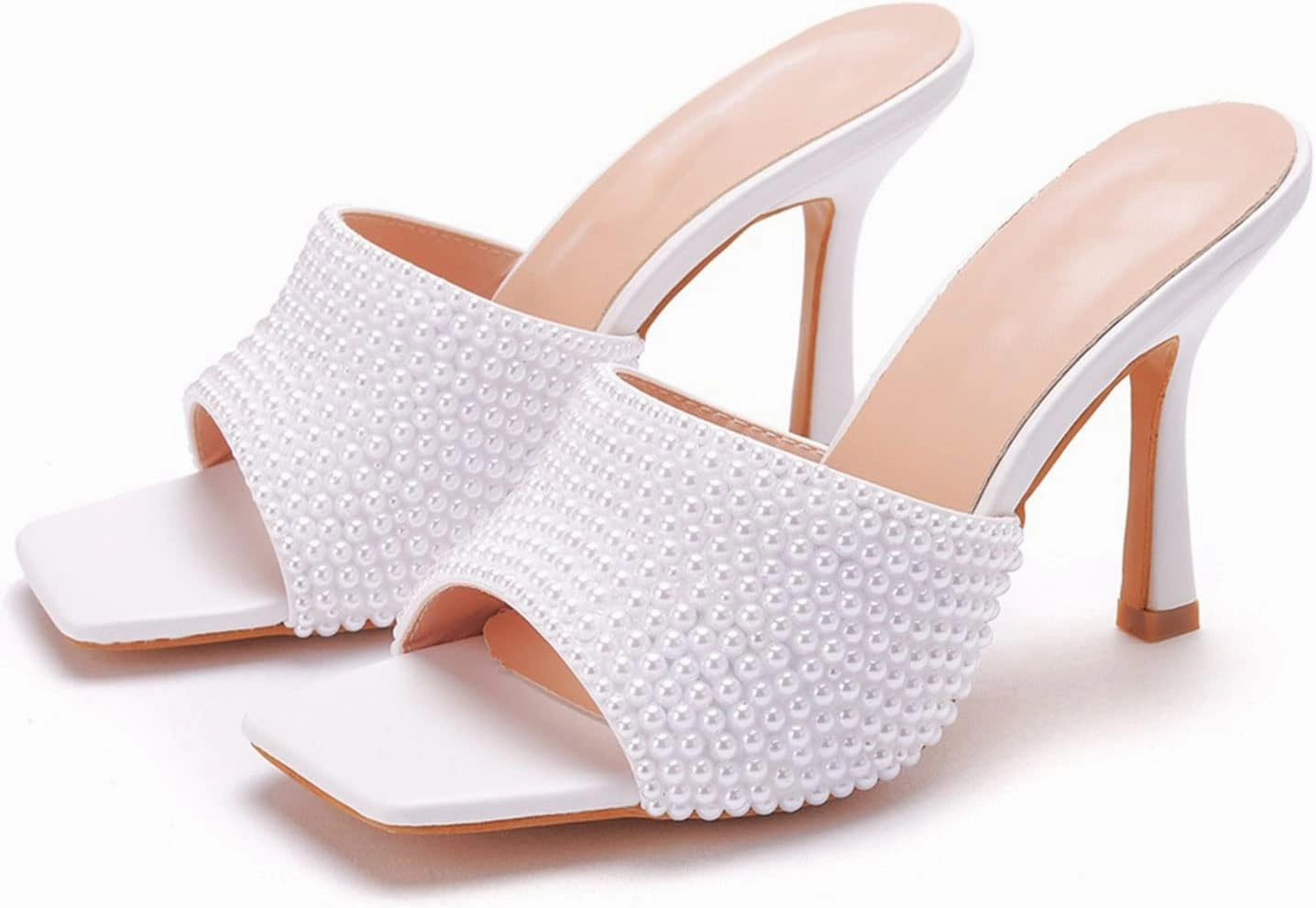 Womens Square Toe Sandals 9cm Stiletto Lace Rhinestones Wedding Shoes Crystal Pearl Bridal Shoes Slip On High Heels Bridesmaid Court Pumps Shoes Prom Evening Party