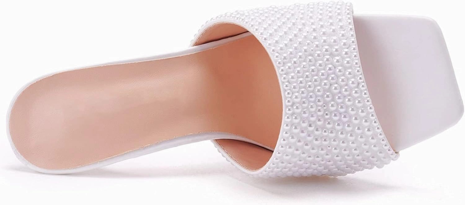 Womens Square Toe Sandals 9cm Stiletto Lace Rhinestones Wedding Shoes Crystal Pearl Bridal Shoes Slip On High Heels Bridesmaid Court Pumps Shoes Prom Evening Party