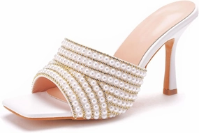 Womens Square Toe Sandals 9cm Stiletto Lace Rhinestones Wedding Shoes Crystal Pearl Bridal Shoes Slip On High Heels Bridesmaid Court Pumps Shoes Prom Evening Party