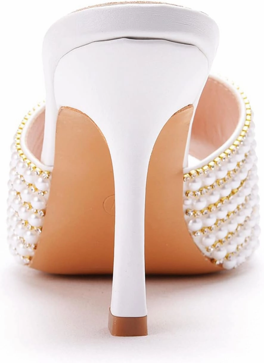 Womens Square Toe Sandals 9cm Stiletto Lace Rhinestones Wedding Shoes Crystal Pearl Bridal Shoes Slip On High Heels Bridesmaid Court Pumps Shoes Prom Evening Party