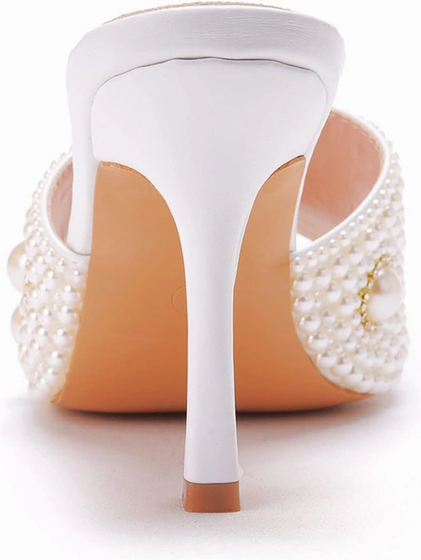 Womens Square Toe Sandals 9cm Stiletto Lace Rhinestones Wedding Shoes Crystal Pearl Bridal Shoes Slip On High Heels Bridesmaid Court Pumps Shoes Prom Evening Party
