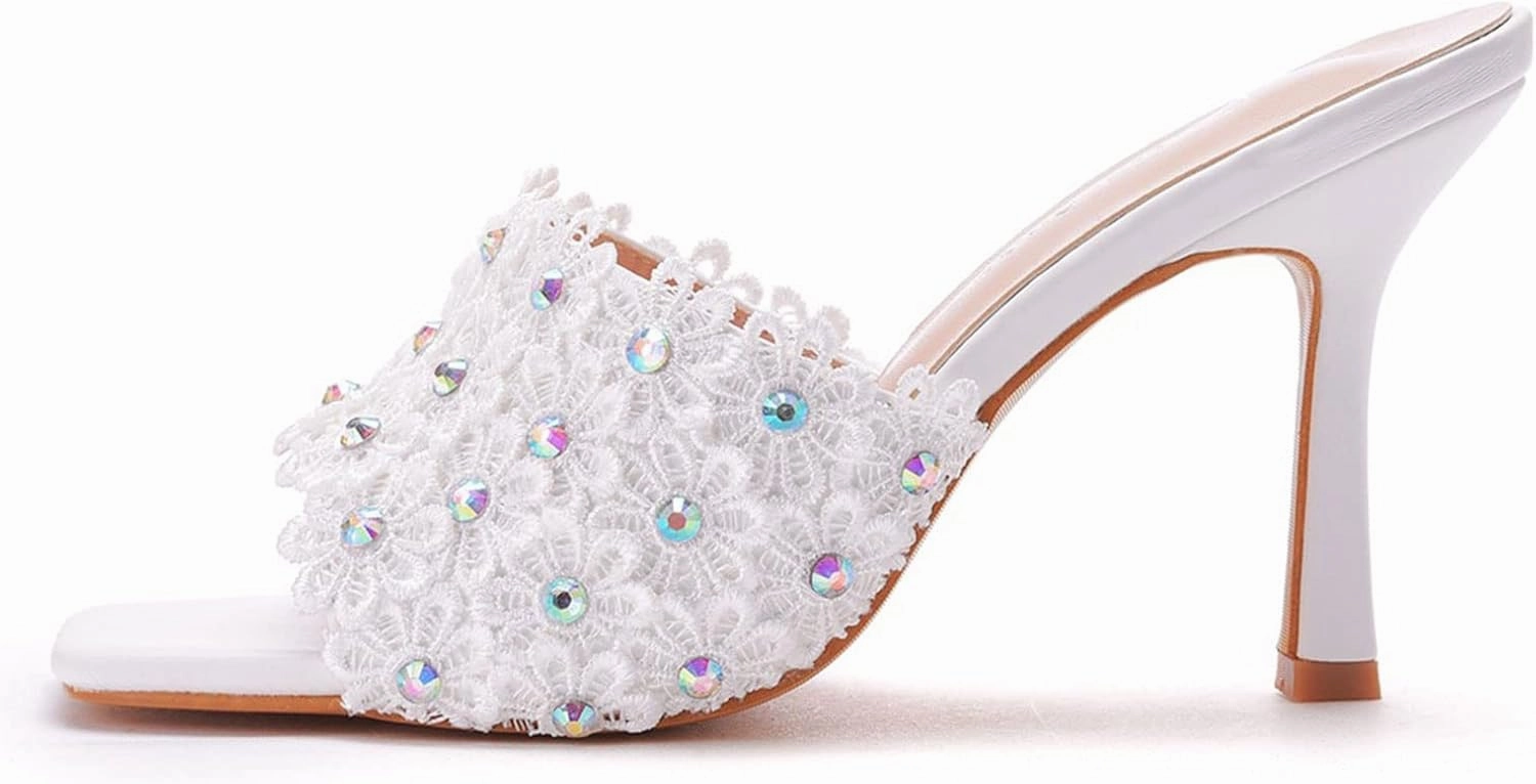 Womens Square Toe Sandals 9cm Stiletto Lace Rhinestones Wedding Shoes Crystal Pearl Bridal Shoes Slip On High Heels Bridesmaid Court Pumps Shoes Prom Evening Party