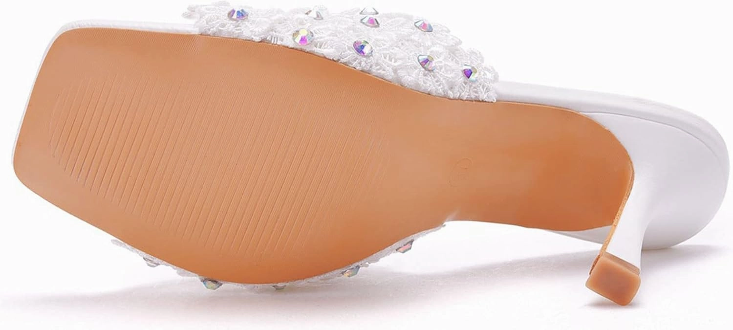 Womens Square Toe Sandals 9cm Stiletto Lace Rhinestones Wedding Shoes Crystal Pearl Bridal Shoes Slip On High Heels Bridesmaid Court Pumps Shoes Prom Evening Party