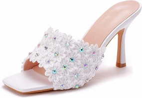 Womens Square Toe Sandals 9cm Stiletto Lace Rhinestones Wedding Shoes Crystal Pearl Bridal Shoes Slip On High Heels Bridesmaid Court Pumps Shoes Prom Evening Party