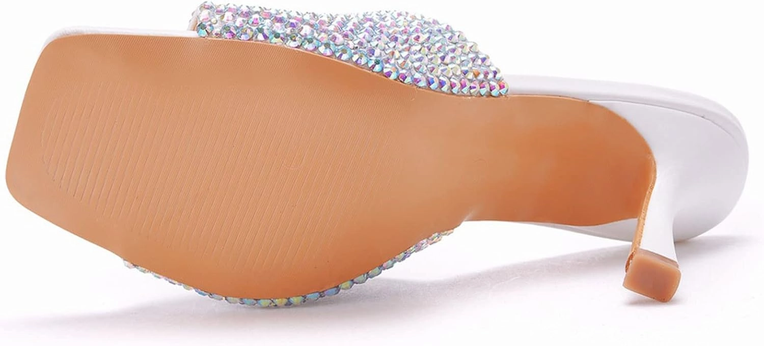 Womens Square Toe Sandals 9cm Stiletto Lace Rhinestones Wedding Shoes Crystal Pearl Bridal Shoes Slip On High Heels Bridesmaid Court Pumps Shoes Prom Evening Party