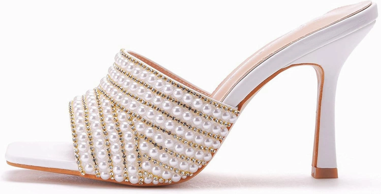 Womens Square Toe Sandals 9cm Stiletto Lace Rhinestones Wedding Shoes Crystal Pearl Bridal Shoes Slip On High Heels Bridesmaid Court Pumps Shoes Prom Evening Party