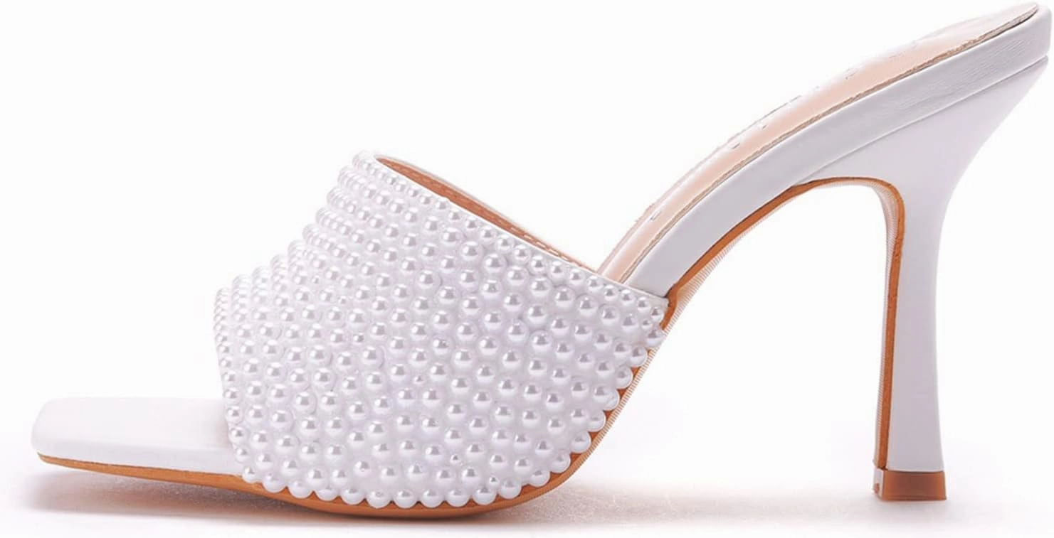 Womens Square Toe Sandals 9cm Stiletto Lace Rhinestones Wedding Shoes Crystal Pearl Bridal Shoes Slip On High Heels Bridesmaid Court Pumps Shoes Prom Evening Party