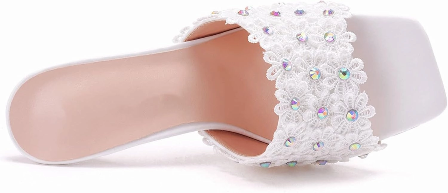 Womens Square Toe Sandals 9cm Stiletto Lace Rhinestones Wedding Shoes Crystal Pearl Bridal Shoes Slip On High Heels Bridesmaid Court Pumps Shoes Prom Evening Party