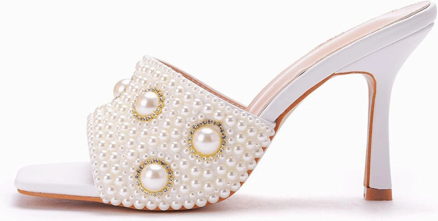 Womens Square Toe Sandals 9cm Stiletto Lace Rhinestones Wedding Shoes Crystal Pearl Bridal Shoes Slip On High Heels Bridesmaid Court Pumps Shoes Prom Evening Party
