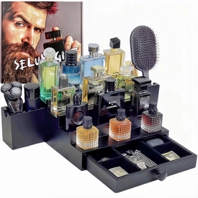 Wooden Cologne Organizer For Men 4 Tier Black | High Grade Velvet Lining and Stylish Gift Box | Double Side Compartment | Space Aid Cologne Holder | Perfume Display Stand | Men's Room Essentials