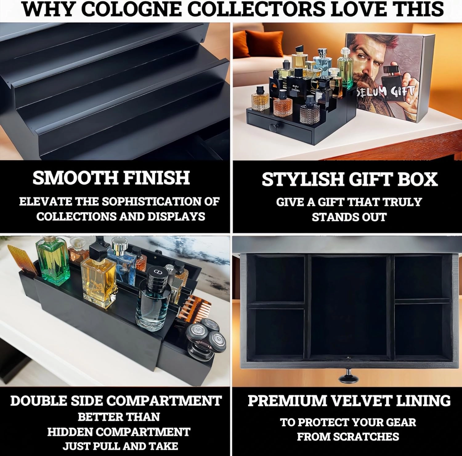 Wooden Cologne Organizer For Men 4 Tier Black | High Grade Velvet Lining and Stylish Gift Box | Double Side Compartment | Space Aid Cologne Holder | Perfume Display Stand | Men's Room Essentials