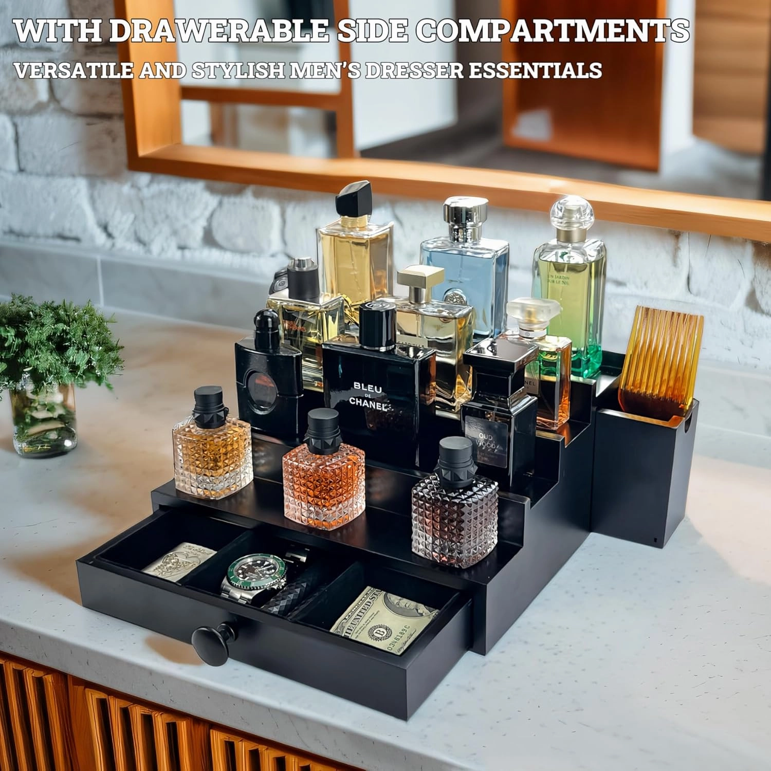 Wooden Cologne Organizer For Men 4 Tier Black | High Grade Velvet Lining and Stylish Gift Box | Double Side Compartment | Space Aid Cologne Holder | Perfume Display Stand | Men's Room Essentials