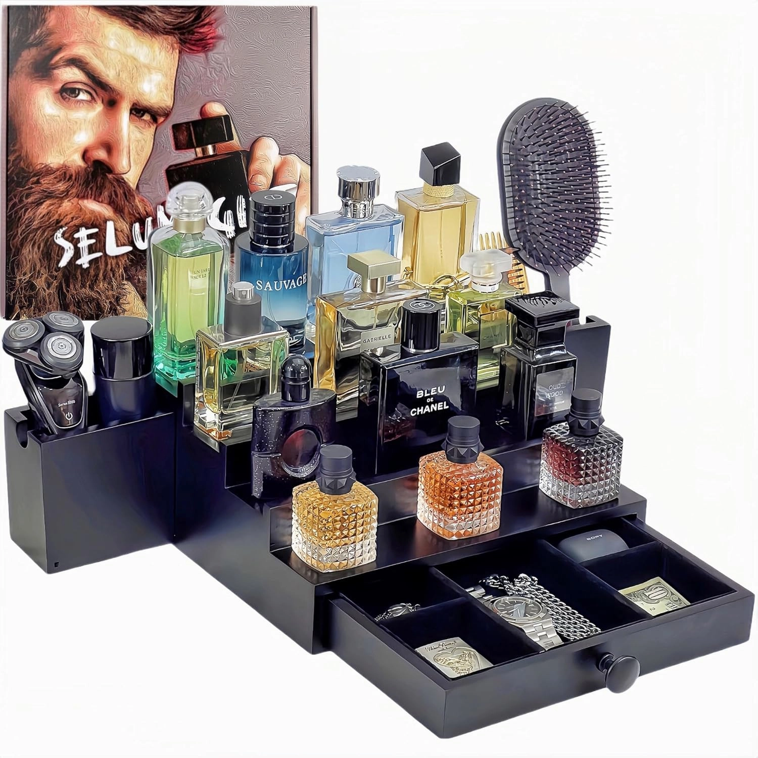 Wooden Cologne Organizer For Men 4 Tier Black | High Grade Velvet Lining and Stylish Gift Box | Double Side Compartment | Space Aid Cologne Holder | Perfume Display Stand | Men's Room Essentials