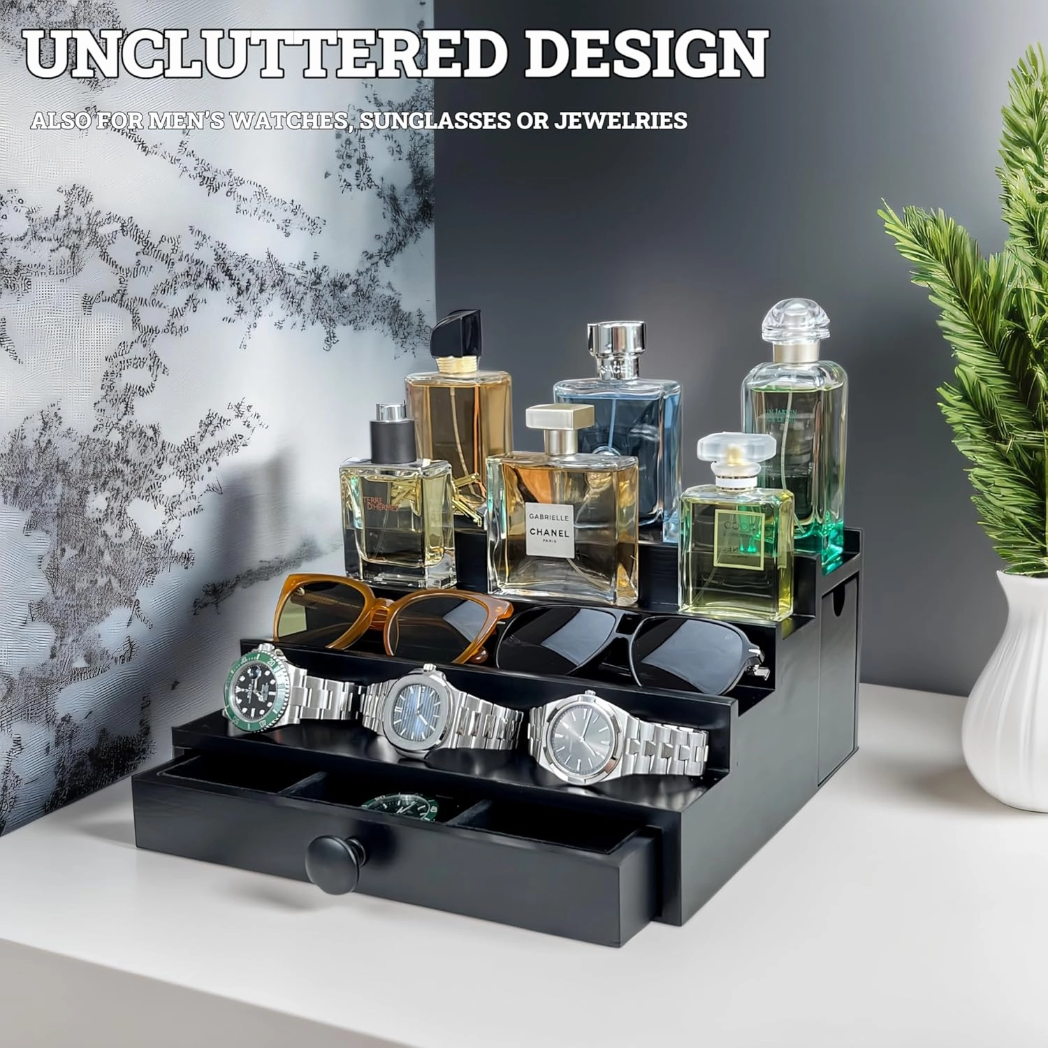 Wooden Cologne Organizer For Men 4 Tier Black | High Grade Velvet Lining and Stylish Gift Box | Double Side Compartment | Space Aid Cologne Holder | Perfume Display Stand | Men's Room Essentials