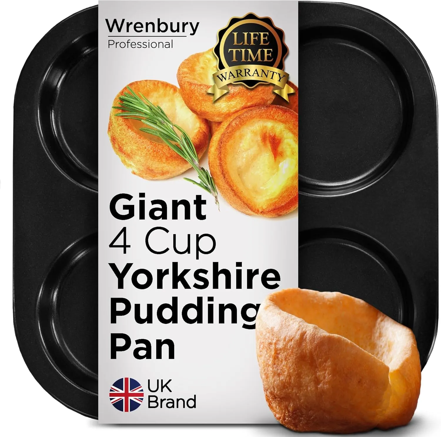 Wrenbury Heavy Duty Yorkshire Pudding Pan - 4 Large Cups for Perfect, Easy Release Puddings 4 inch - Even Heating, Non-Stick Coating Tray - Effortless Cleanup - 10 Year Guarantee